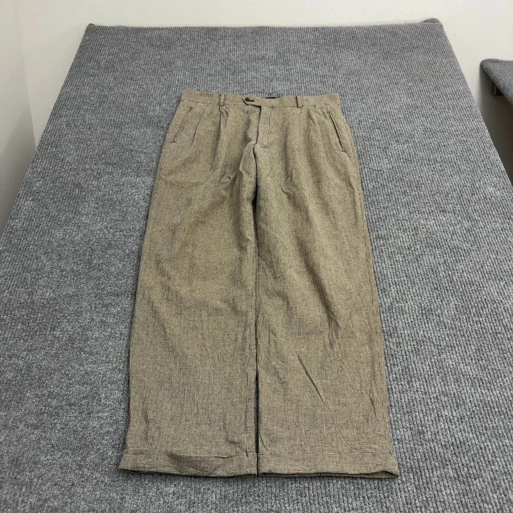 Louis Raphael Pants Men 36 Brown Linen Cotton Houndstooth Pleated Cuffed Vintage